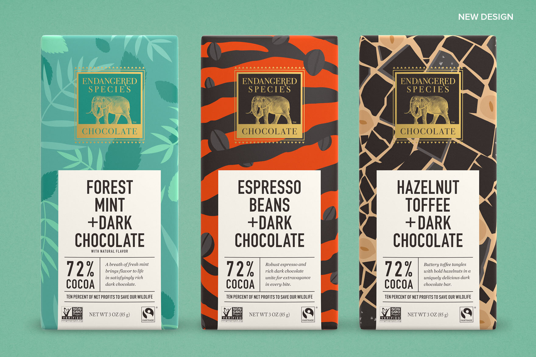 3D renders of Endangered Species Chocolate's new packaging for the 3oz Rainforest, Owl and Eagle dark chocolate bars redesigned by Brandsmith