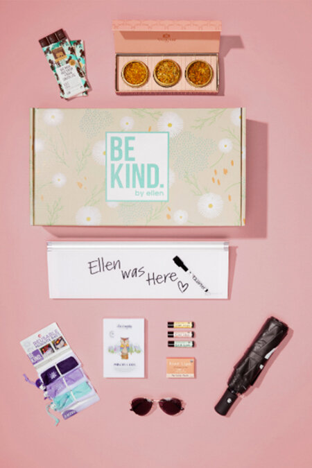 A spread of Ellen DeGeneres' favorite, handpicked products for the spring edition of Ellen's BE KIND subscription box