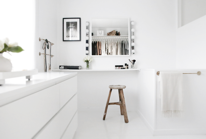 This perfectly curated spacious walk-in closet/ dressing room .