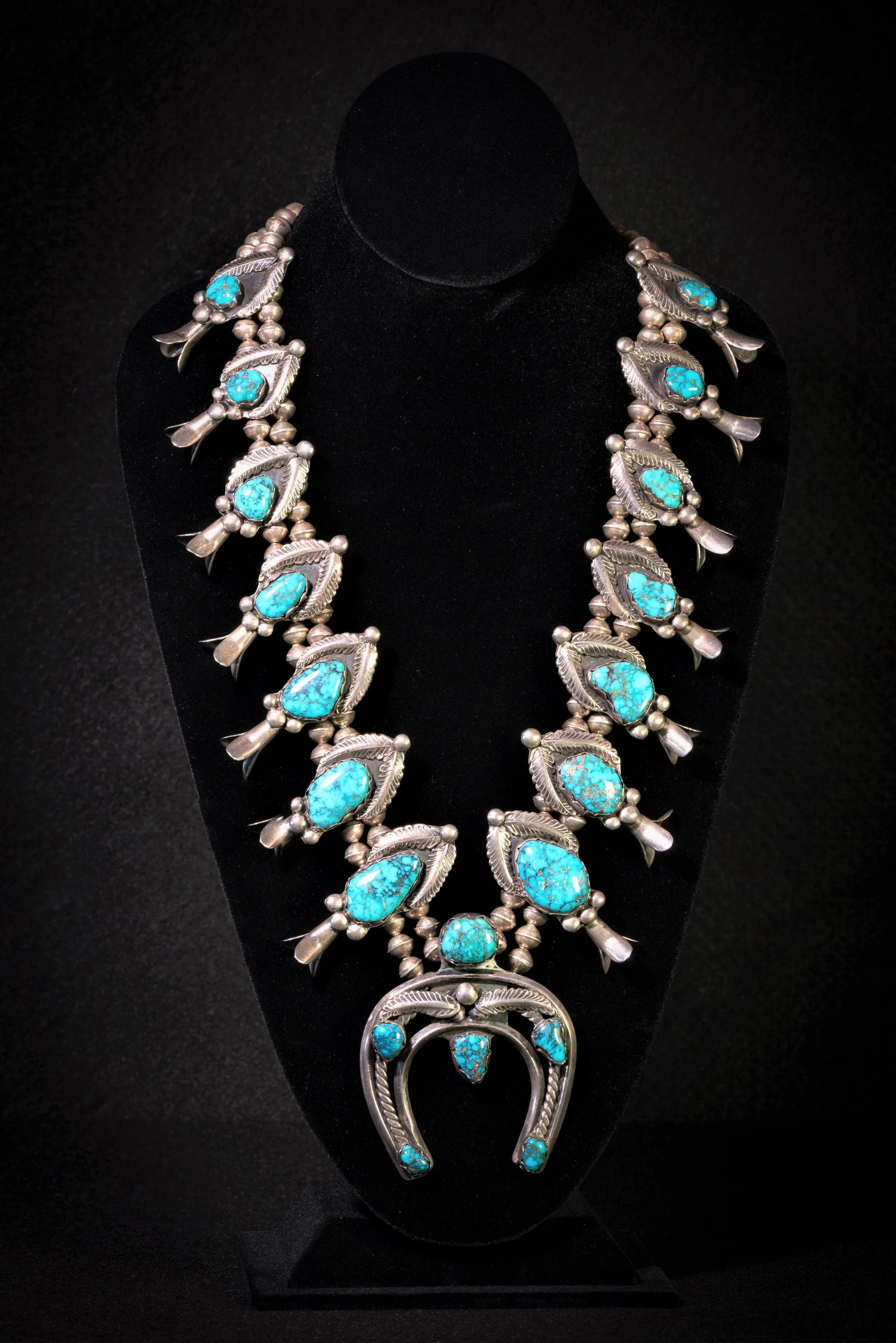 Lone Moutain turquoise squash blossom necklace. Richard Henry Yazzie. POR