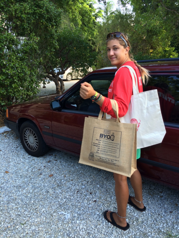 Spencer, one of our marine educators, always brings her reusable bags when she goes to the grocery store.