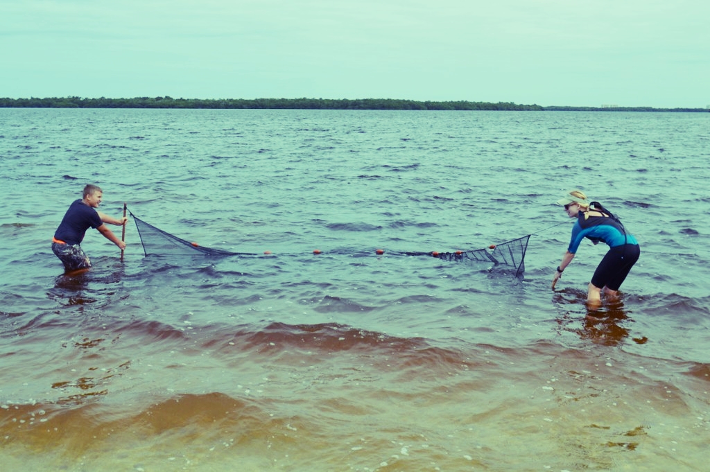 Nicole Finnicum shows a students how to use a seine net.