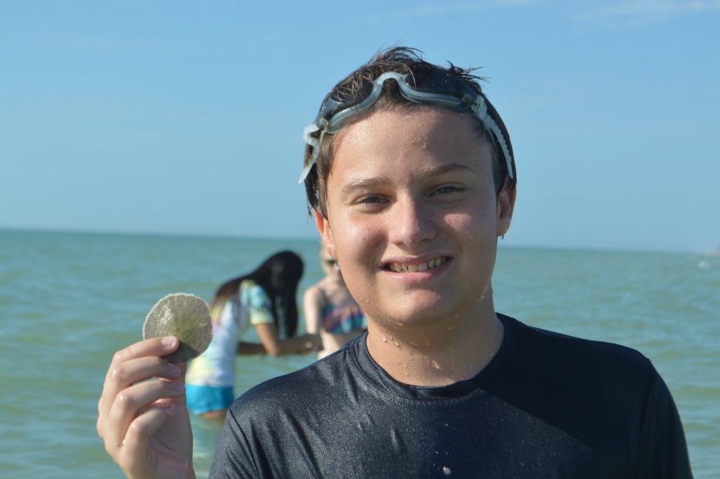 Kenny Kouril holds one of the sand dollars Sanibel School students measured during their research day at Sanibel Sea School. 