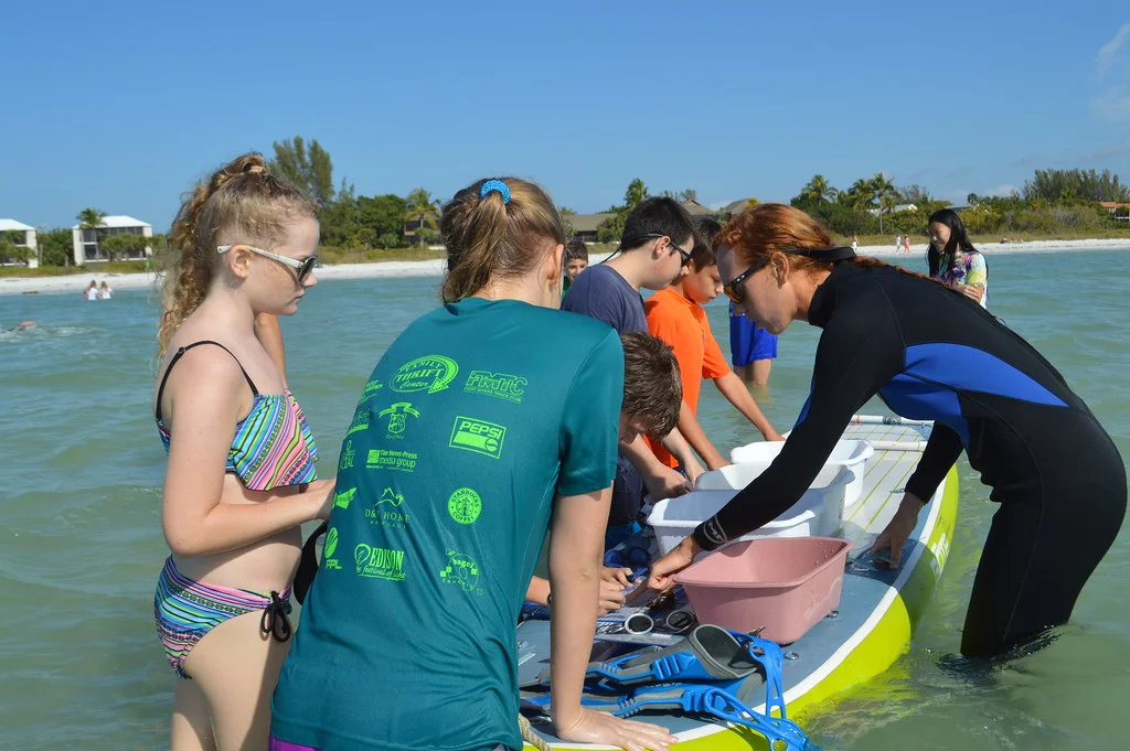 Carley Todd gives Sanibel School students an introduction to sand dollar research. 