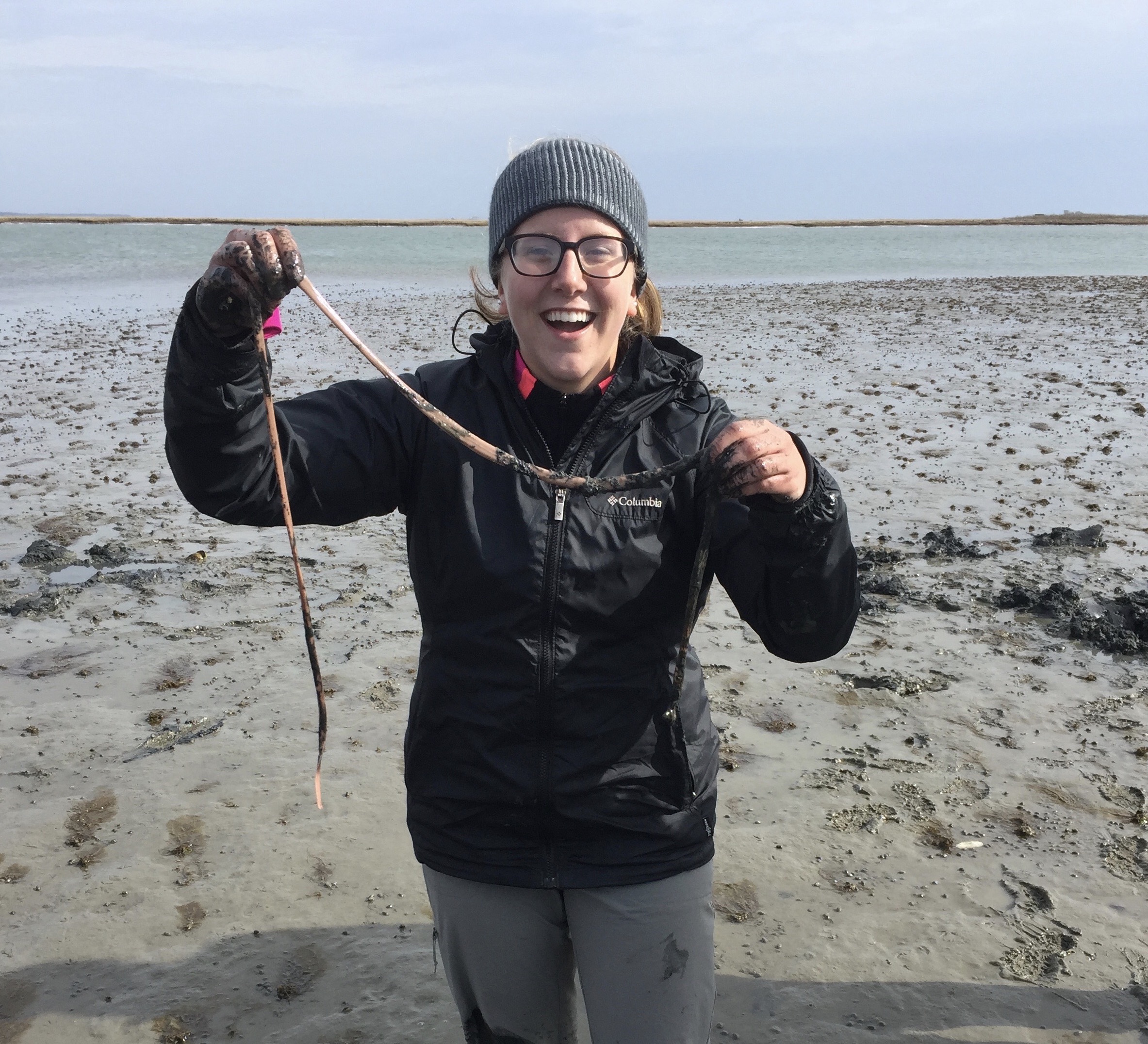 Sam with a milky ribbon worm, found in Chincoteague, VA.