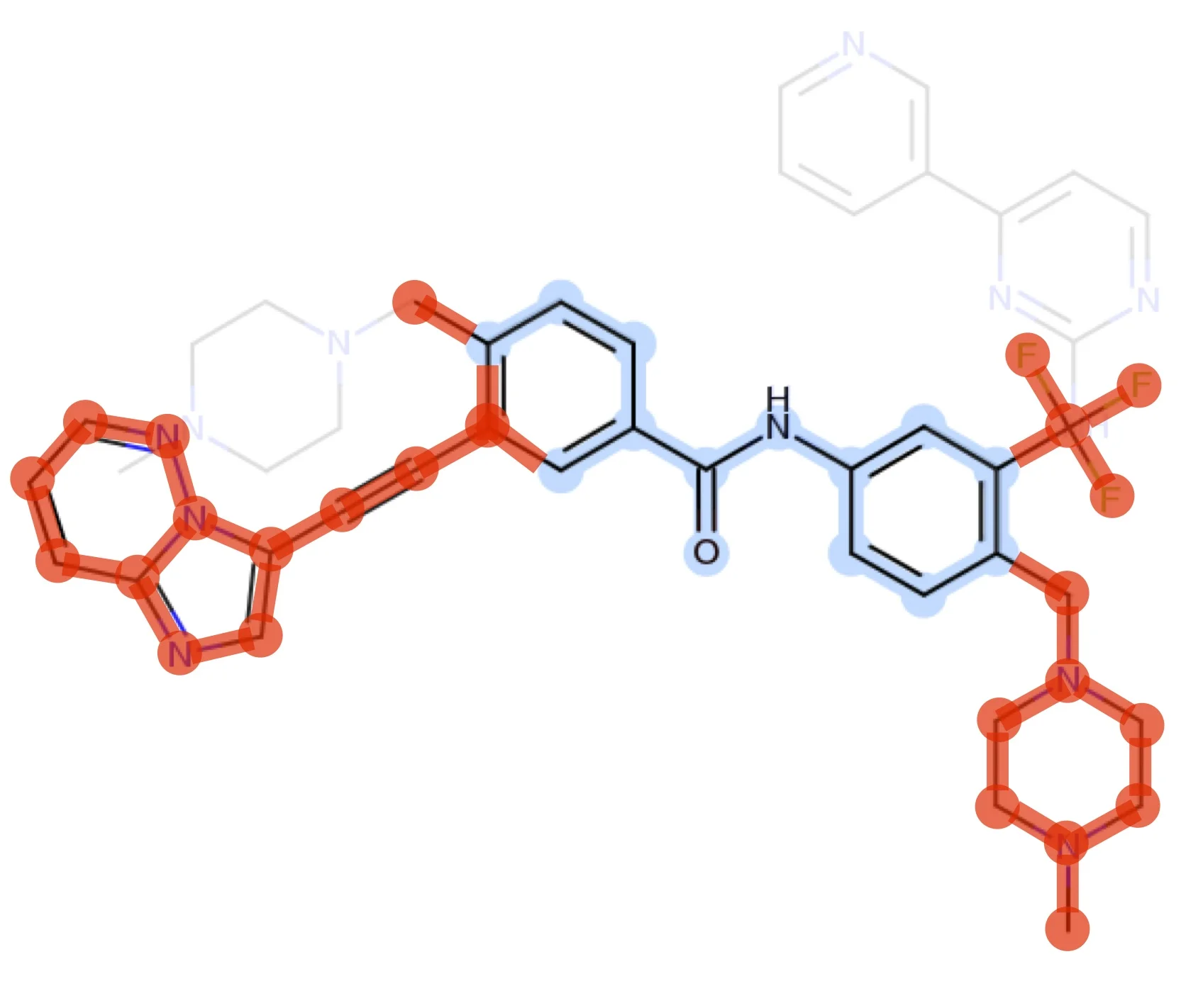 imatinib to ponatinib common scaffold (blue) and newly built atoms (red)