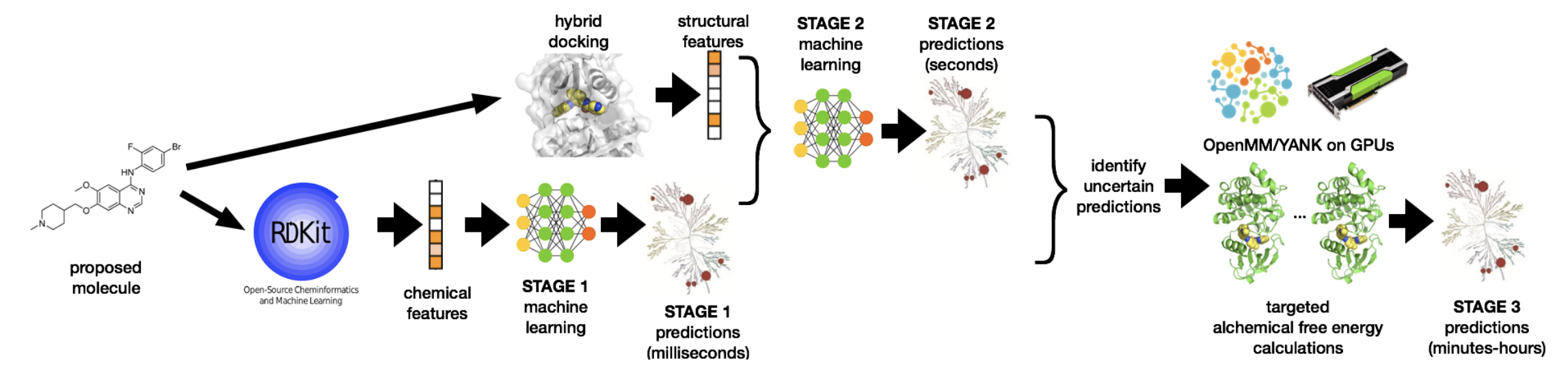 An example workflow for utilizing structure-informed machine learning and free energy calculations to predict kinase polypharmacology.