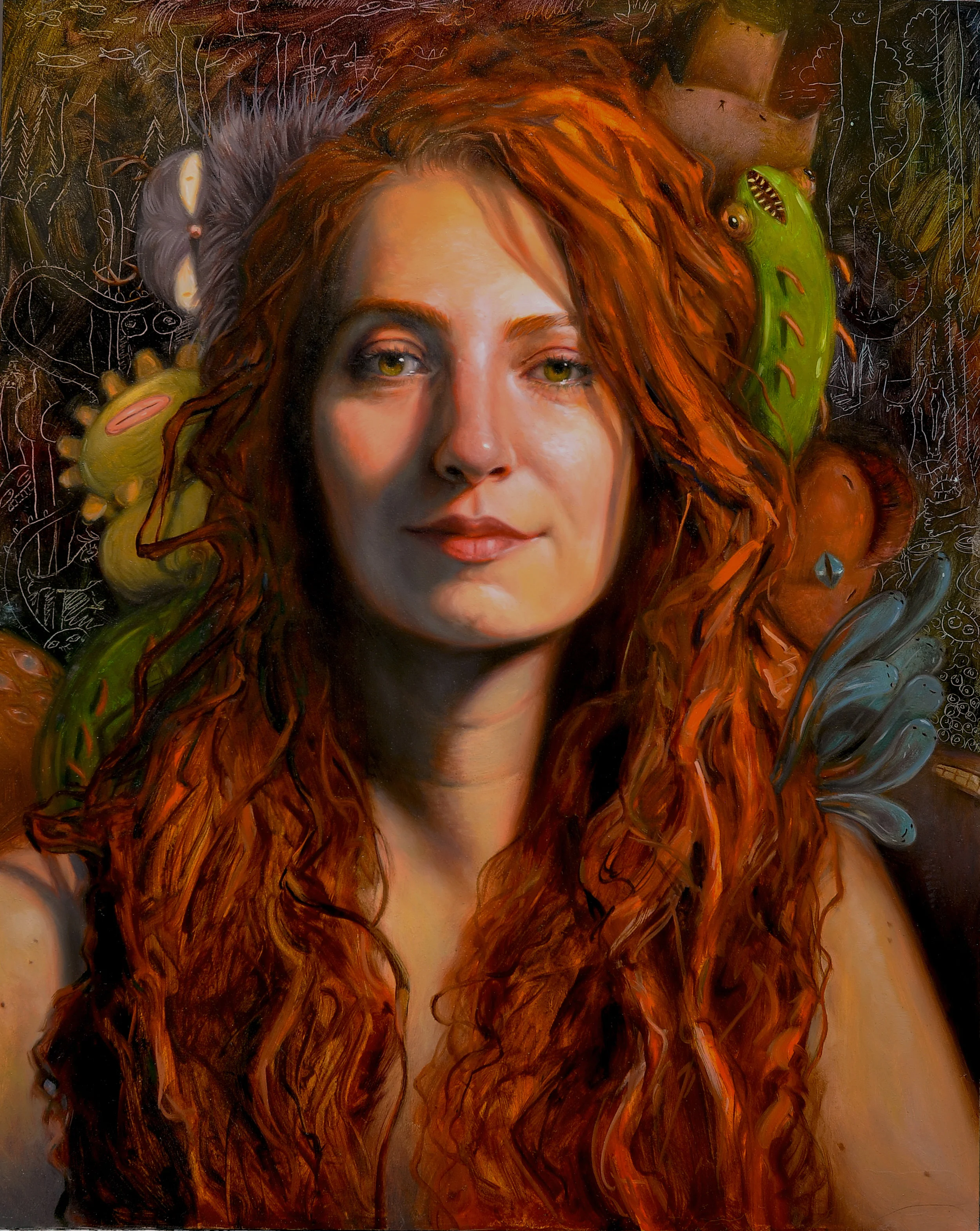 Critters (self portrait) 16x20” oil on panel 2019