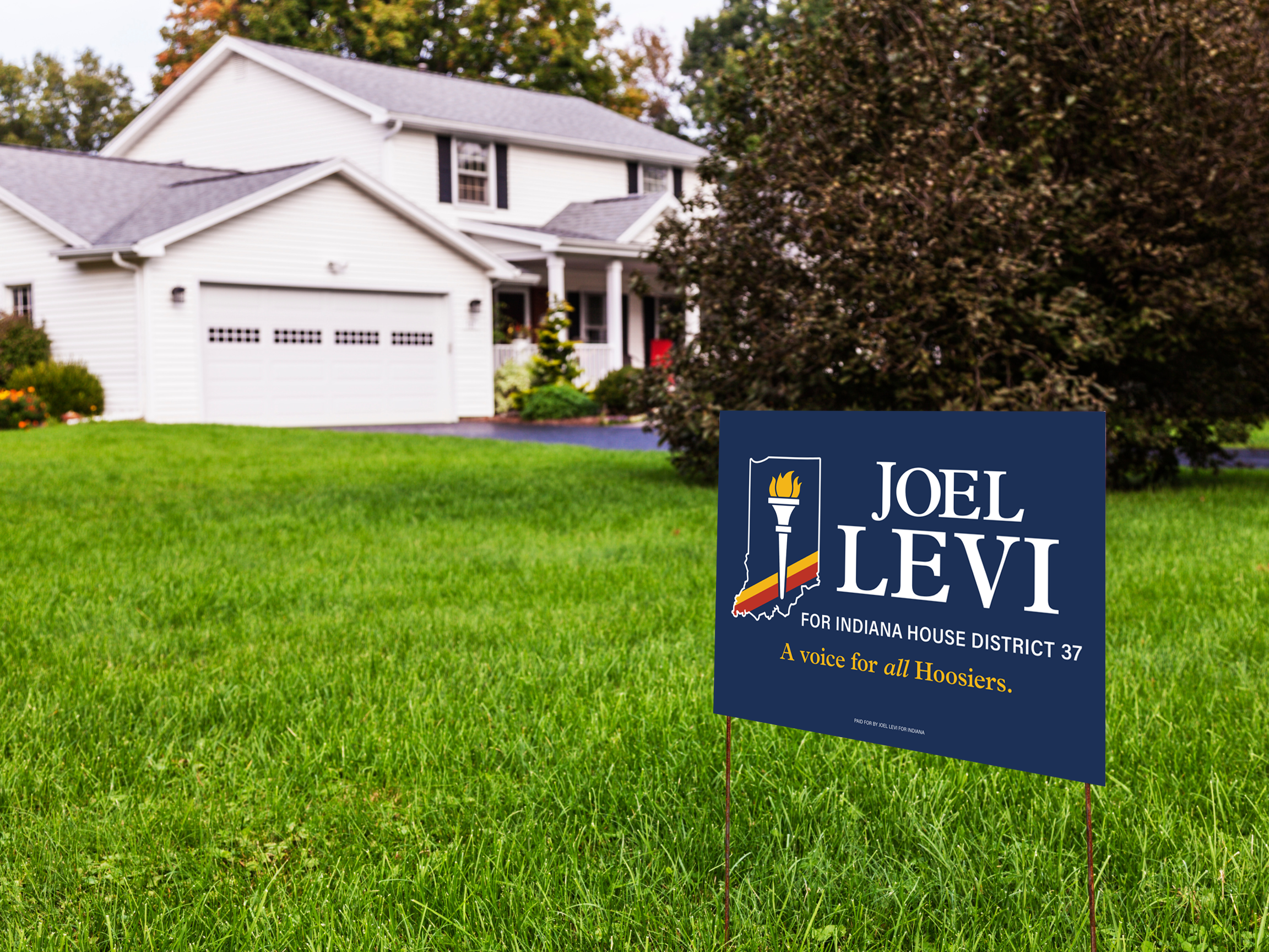 Joel Levi for Indiana House District 37 sign in a constituent yard