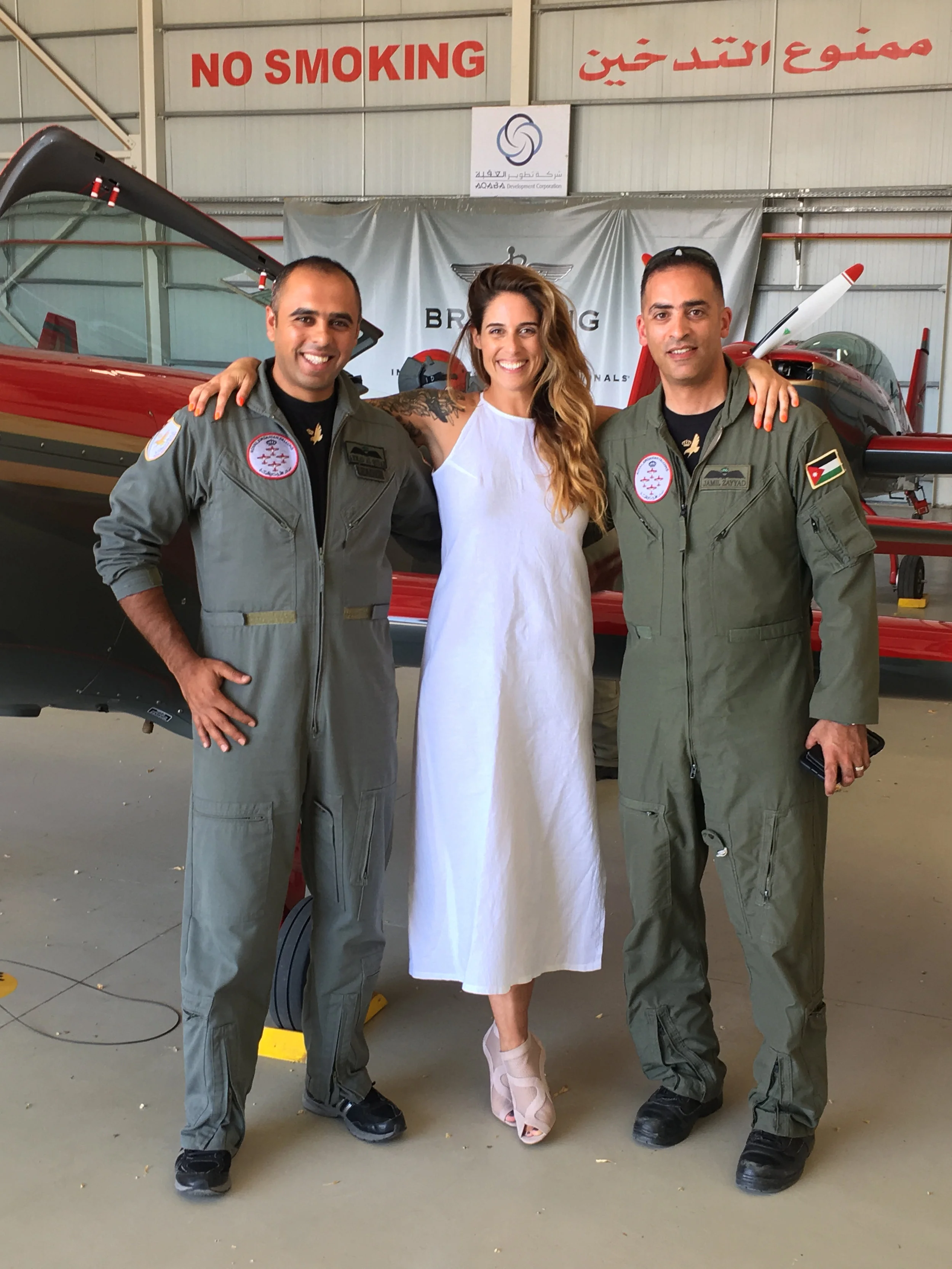 Moxham with two of the pilots from the the Royal Jordanian Falcons