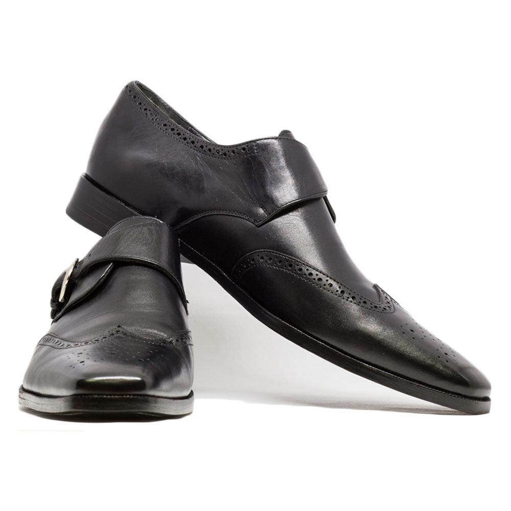 Classic Black Leather Wingtip Single Monk Strap Derbys Crafted Leather Classic Black Wingtip Single Monk Strap  main image 2