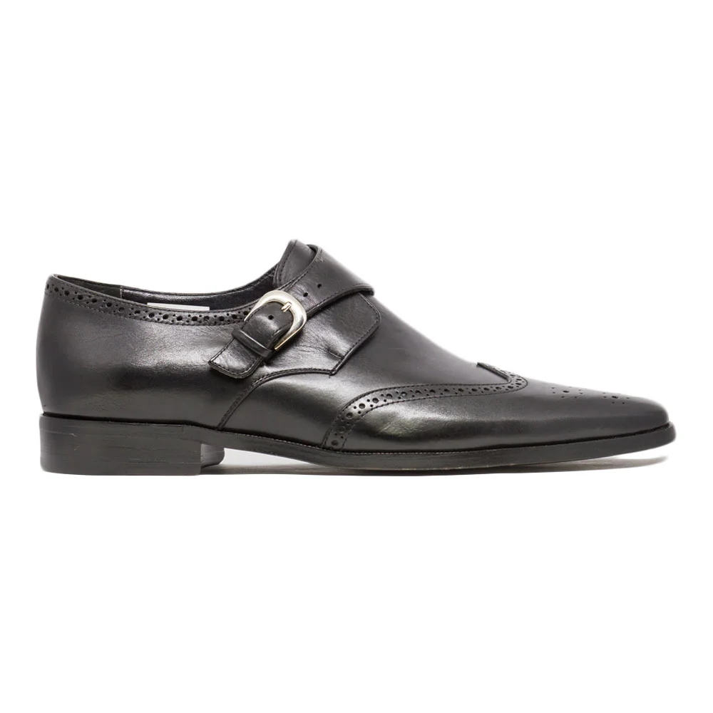 Classic Black Leather Wingtip Single Monk Strap Derbys Crafted Leather Classic Black Wingtip Single Monk Strap  main image 4