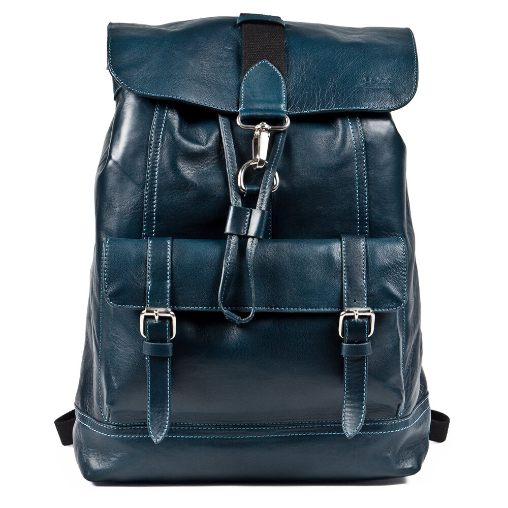 Handmade Full-leather Backpack Black & Blue Leather 