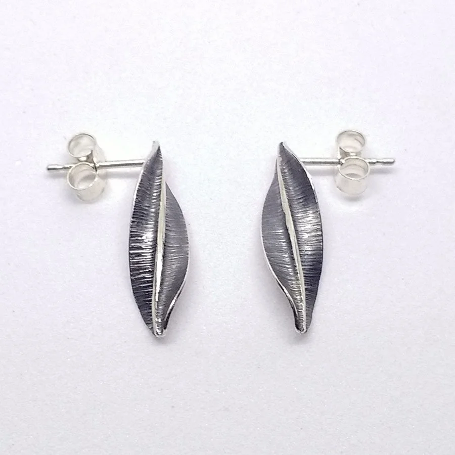 Spring Leaf Small Studs, Oxidised Silver by Yelland and Barker