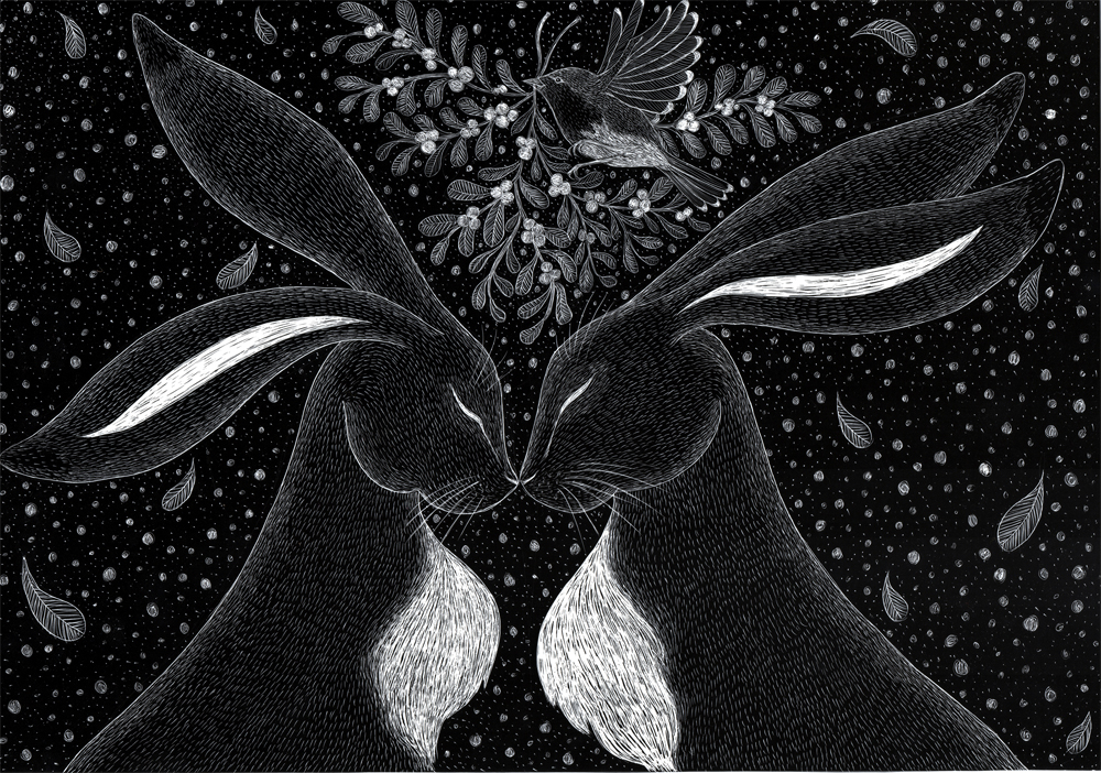 Mistletoe Hares scraperboard £278 (framed)