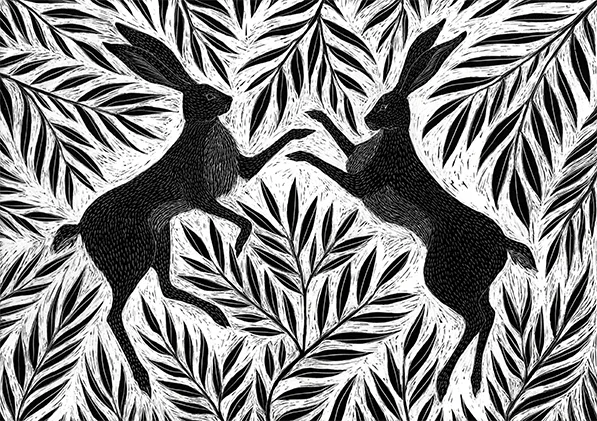 Boxing Hares scraperboard