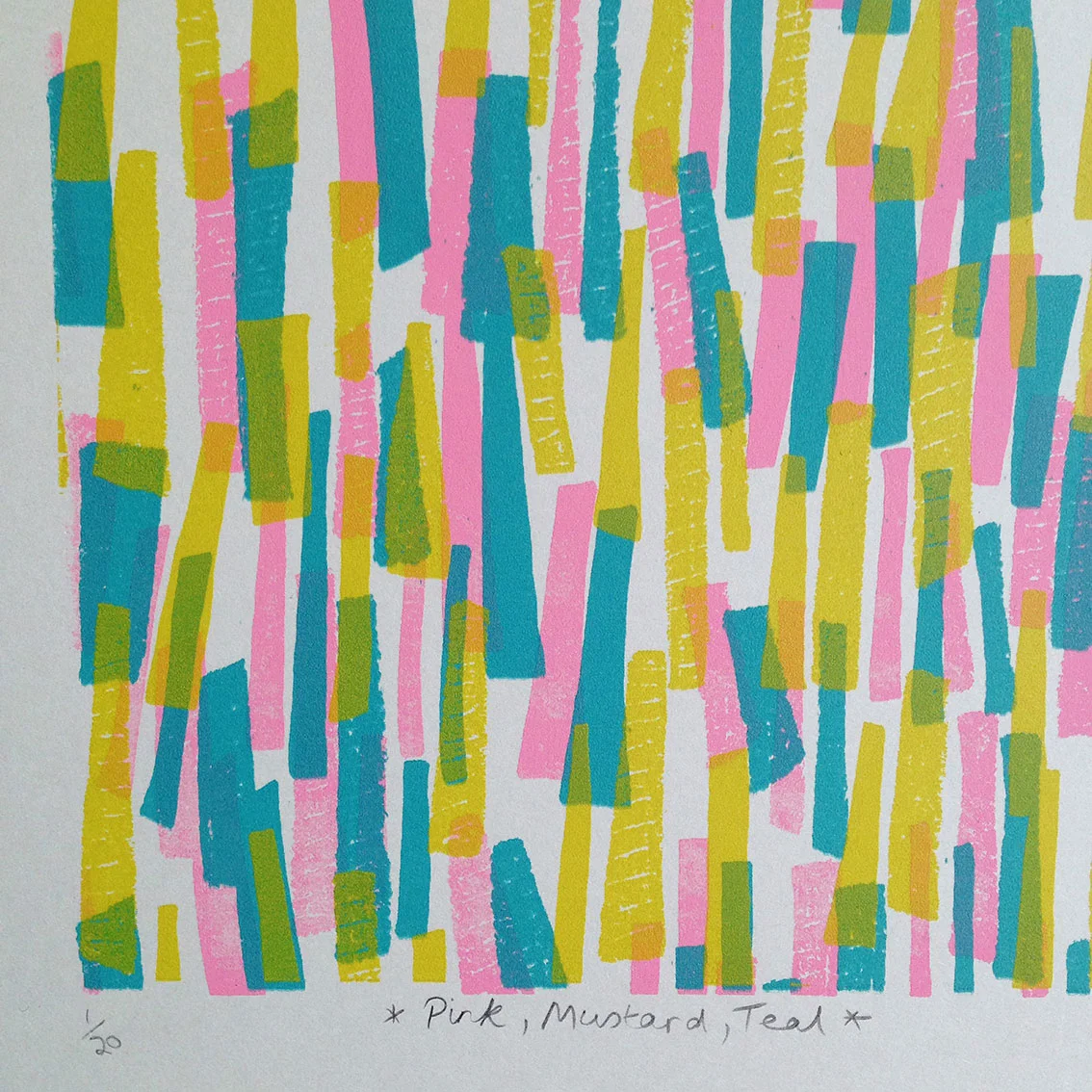 Pink, Mustard, Teal screenprint 13 x 13cm £25 (unframed) £5 to be donated to equalitynow.org .