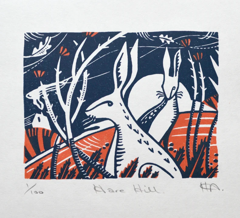 Hare Hill Linocut on Japanese paper image size: 9cm x 11.6cm £25 unframed