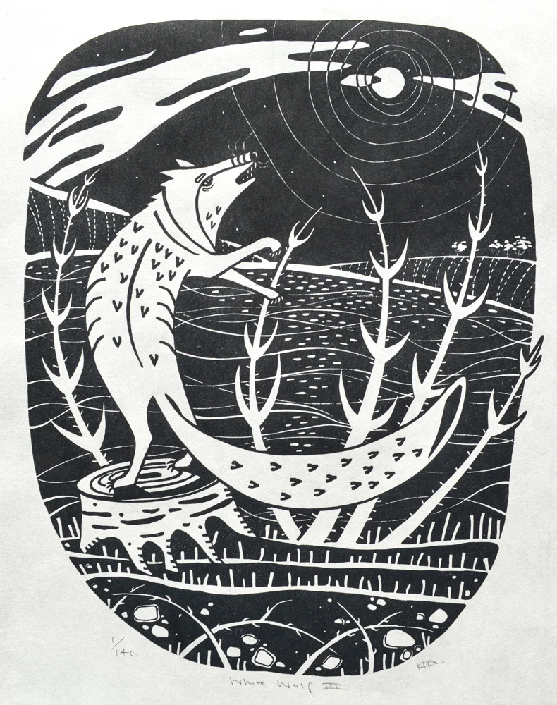 White Wolf III Linocut on Japanese paper image size: 36.8cm x 28.9cm £95 unframed