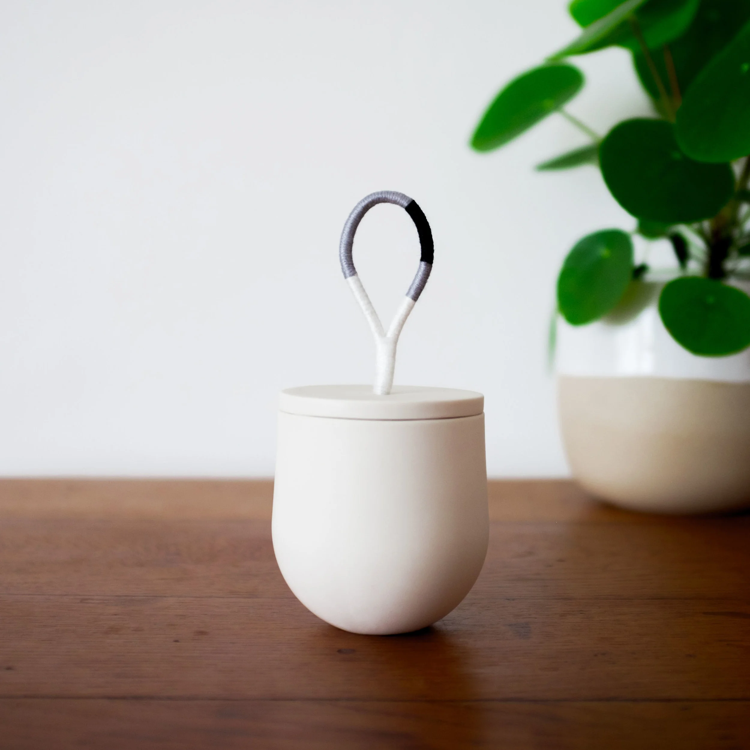 Lidded White Porcelain, Cotton Rope & Polyester Thread 7.5 x 7 x 7 cm (handle 6.5 cm) £42.50