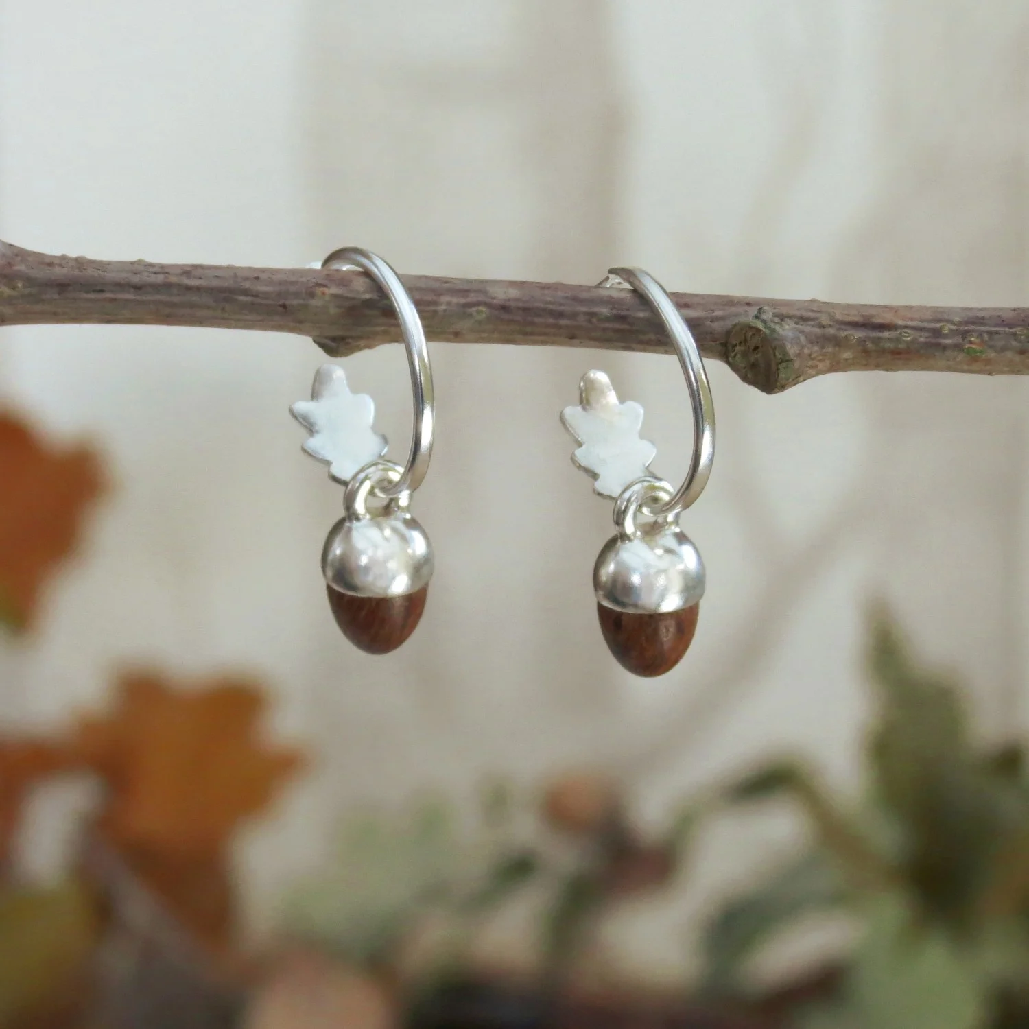 Acorn and Oak Leaf Earrings Oak and sterling silver / oak and 18ct yellow gold vermeil / silver hoops with gold vermeil acorn cups and oak acorns £105