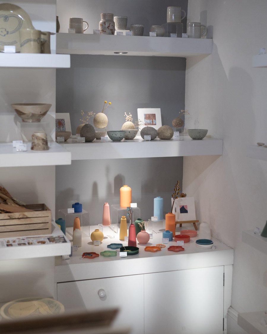 Lit beautifully by the winter light, our displays are topped up for the festive season ✨❄

Here you can see ceramics by Saskia Daniel on the top shelf, ceramics by Katie Timson with tile wall pieces by Janine Partington on the middles shelf and at th