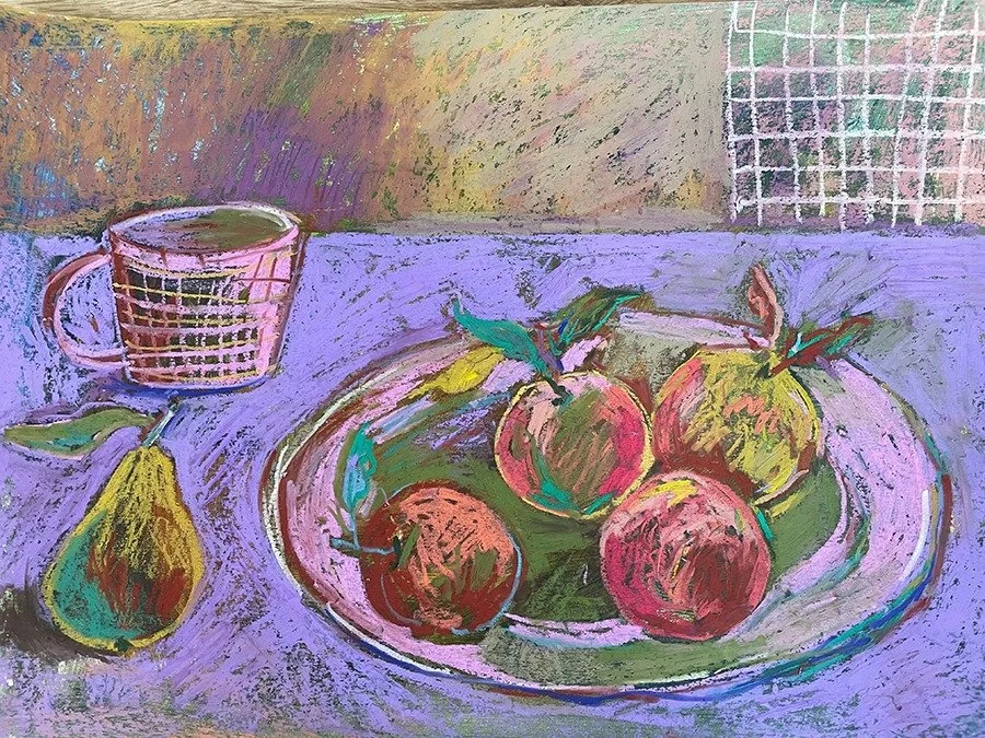 This is a stunning new mixed media original artwork by Cambridge based illustrator Carolina Rabei. In her pieces Carolina uses expressive marks, bold shapes and layers of colour. This one it titled 'Apples and a Pear'. 

There's lots more to discover