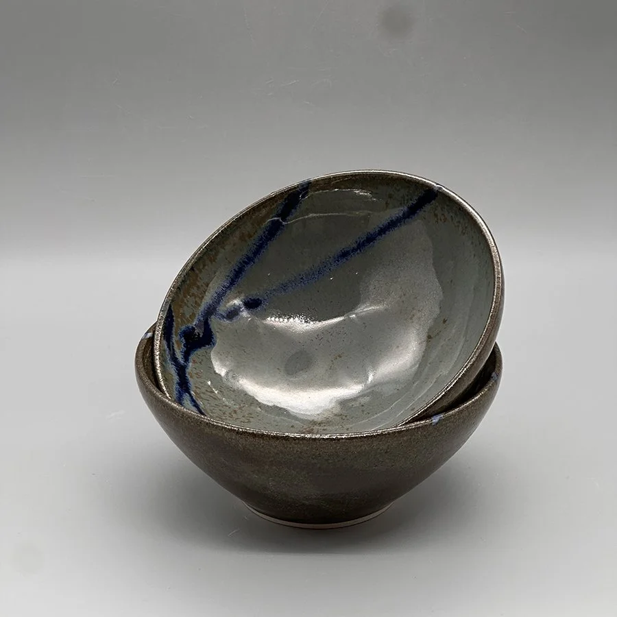 Grey Rice Bowl with Blue Flash by Helen Adamson