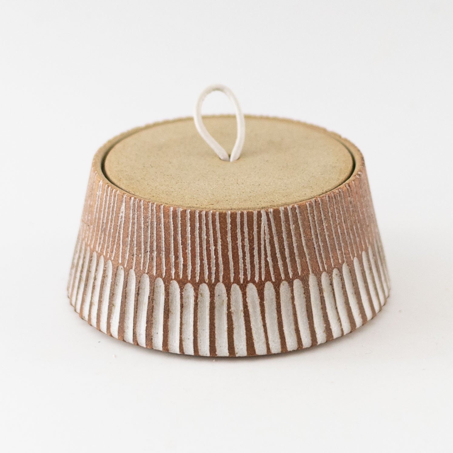 Tapered Lidded Vessel with Leather Handle 1 by  K Ceramics
