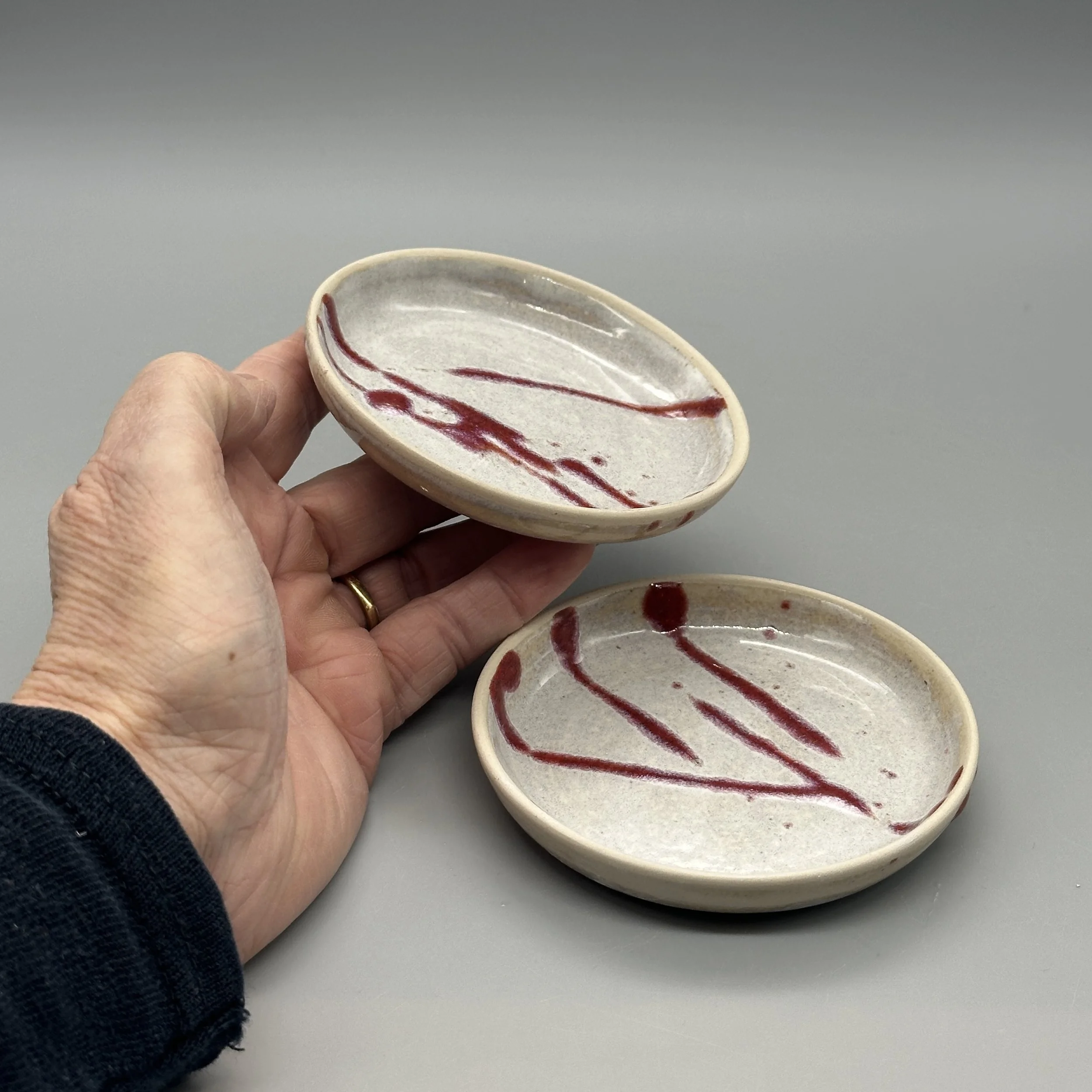Cream Set 2 Mini Dishes with Red Flash by Helen Adamson