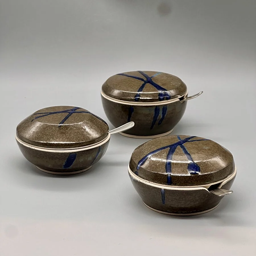 Grey Lidded Pot & Vintage Spoon with Blue Flash by Helen Adamson