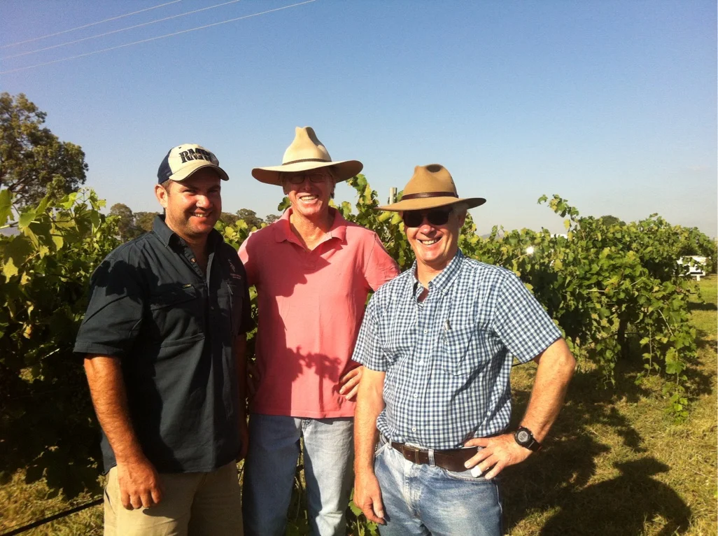 Jacob Stein (YEATES Winemaker), Sandy Yeates (YEATES Vigneron) &amp; Mike De Garis (Wine Consultant) in the vineyard.