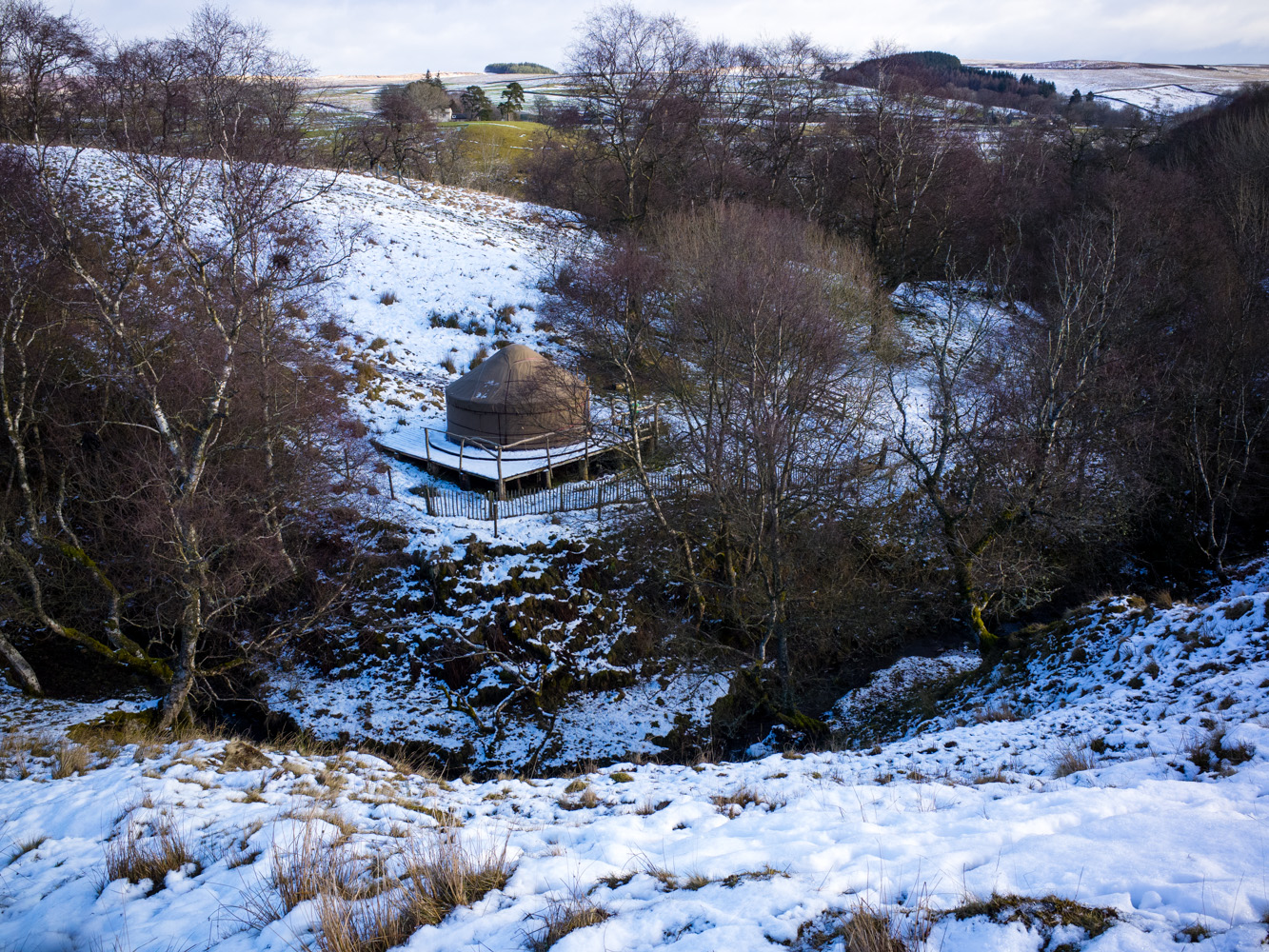 Our yurt in it's pretty snow covered surroundings. I love that the site is arranged so that each dwelling has it's own privacy. 