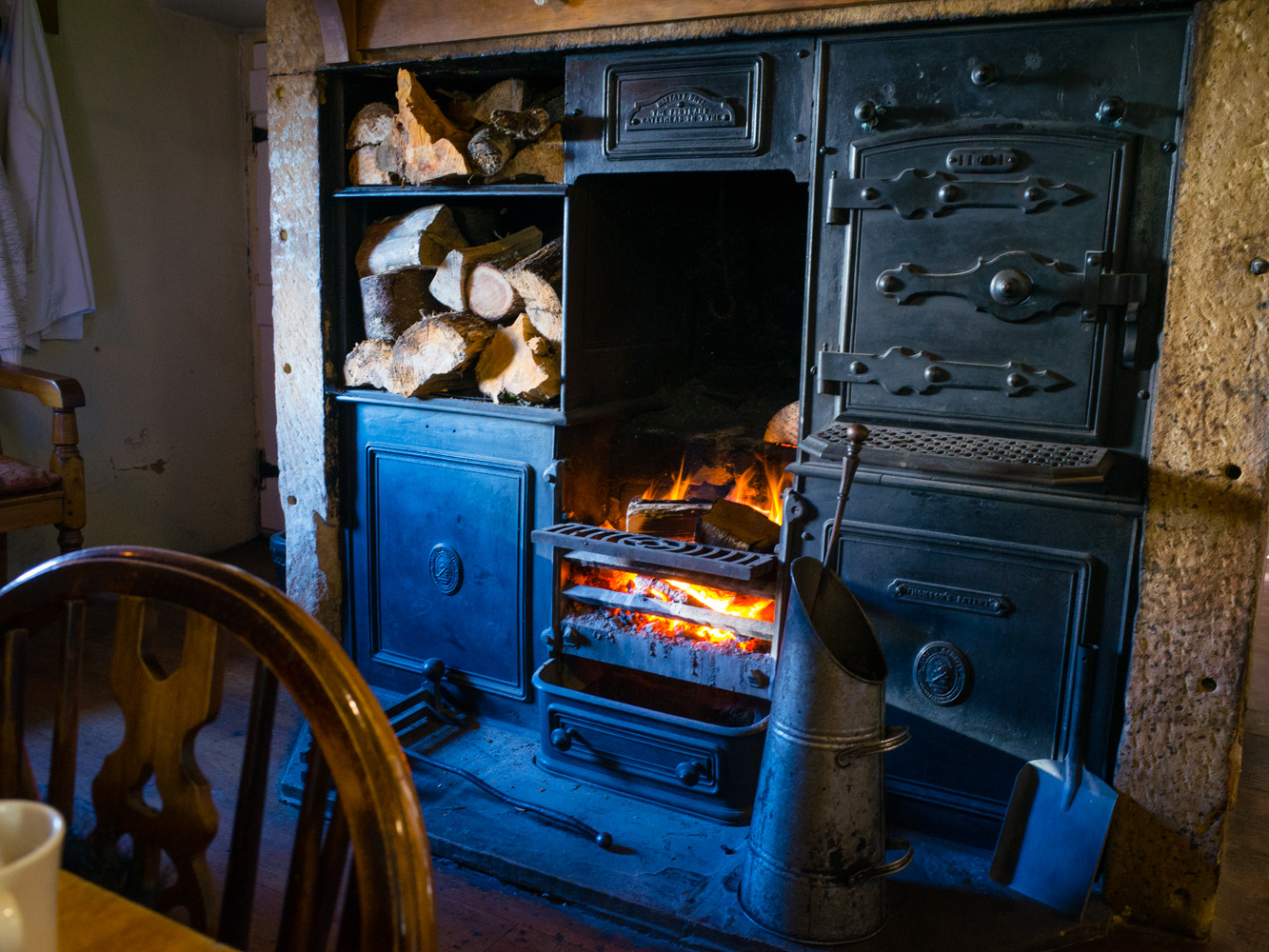 During one of our outings, we stopped off at the only pub in the nearest village , the Holly Bush Inn and was very grateful to be welcomed by this impressive fireplace.