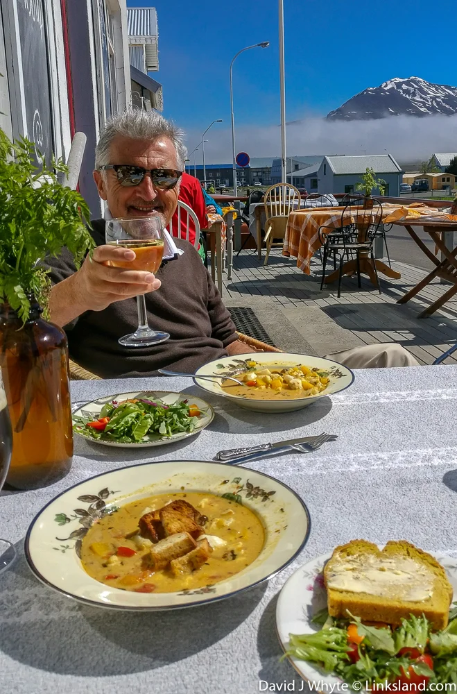 Your author soaking up the local sunshine and soup du jour at Gisli Eirikur Helgi Kaffihûs Bakkabrædra in Dalvik. The seafood, as you can imagine is some of the best in the world.