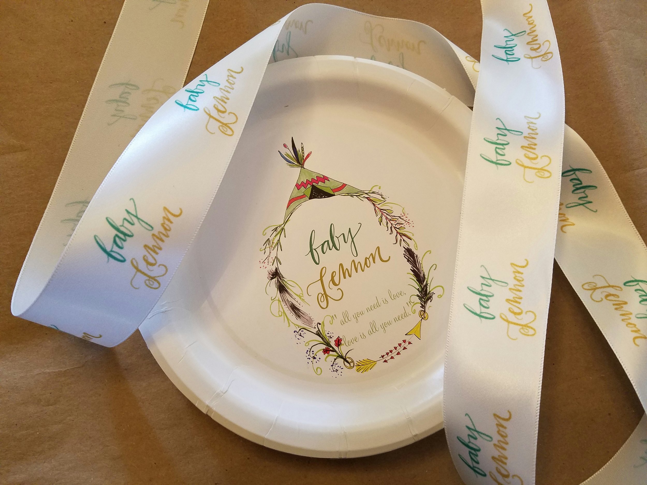 Paper cake plates and customized ribbon...