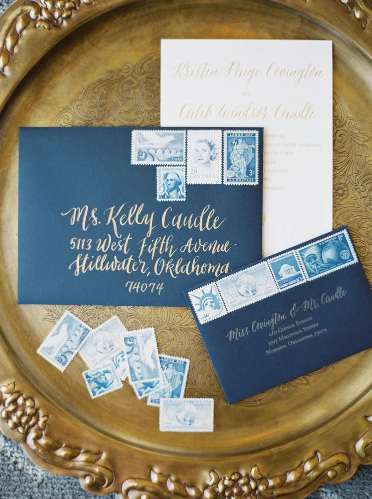 Shimmery Gold Ink on Navy Blue Envelopes
