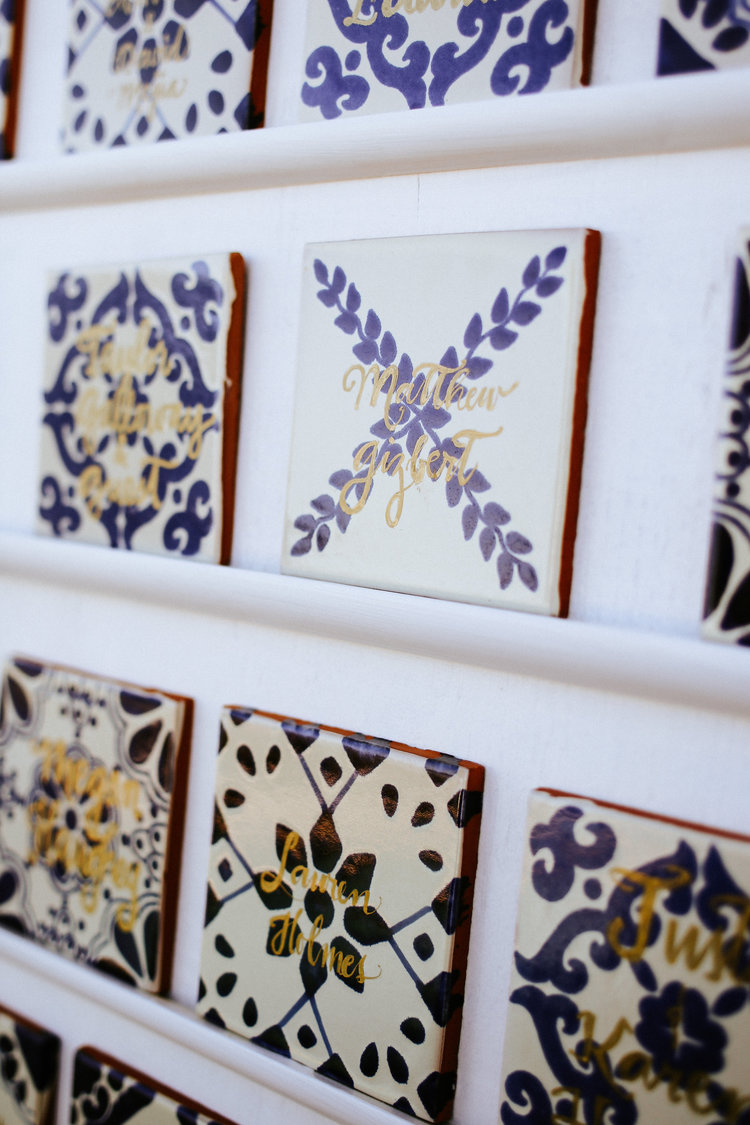 Mexican Themed Wedding || Mexican Tiles with Gold Ink Photographer: http://www.melissamarshal.com/ Event Planner: http://www.gibsonevents.com/