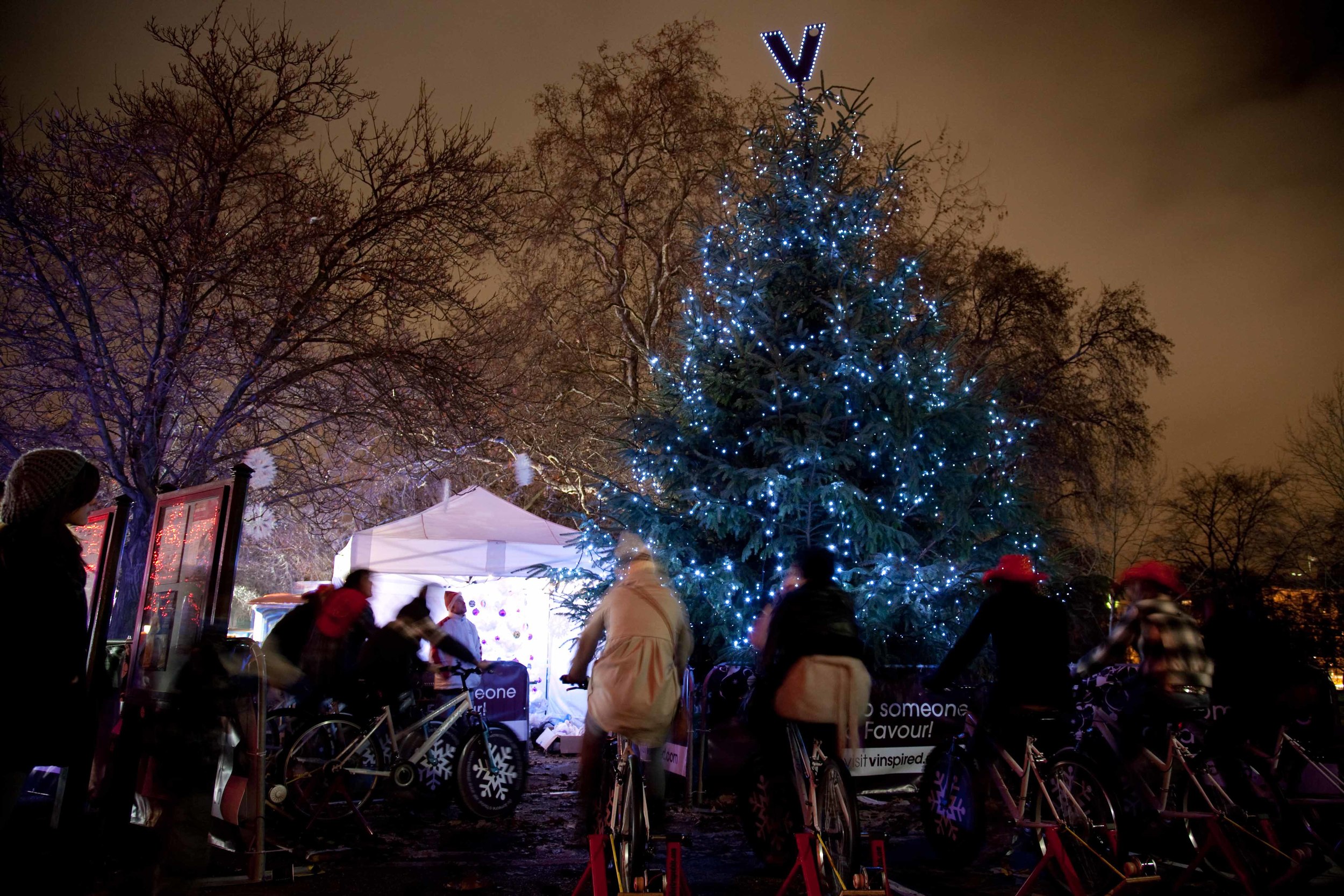  10 bicycles powering a LED 'christmas tree' for V-Inspired, Winter Wonder Land 