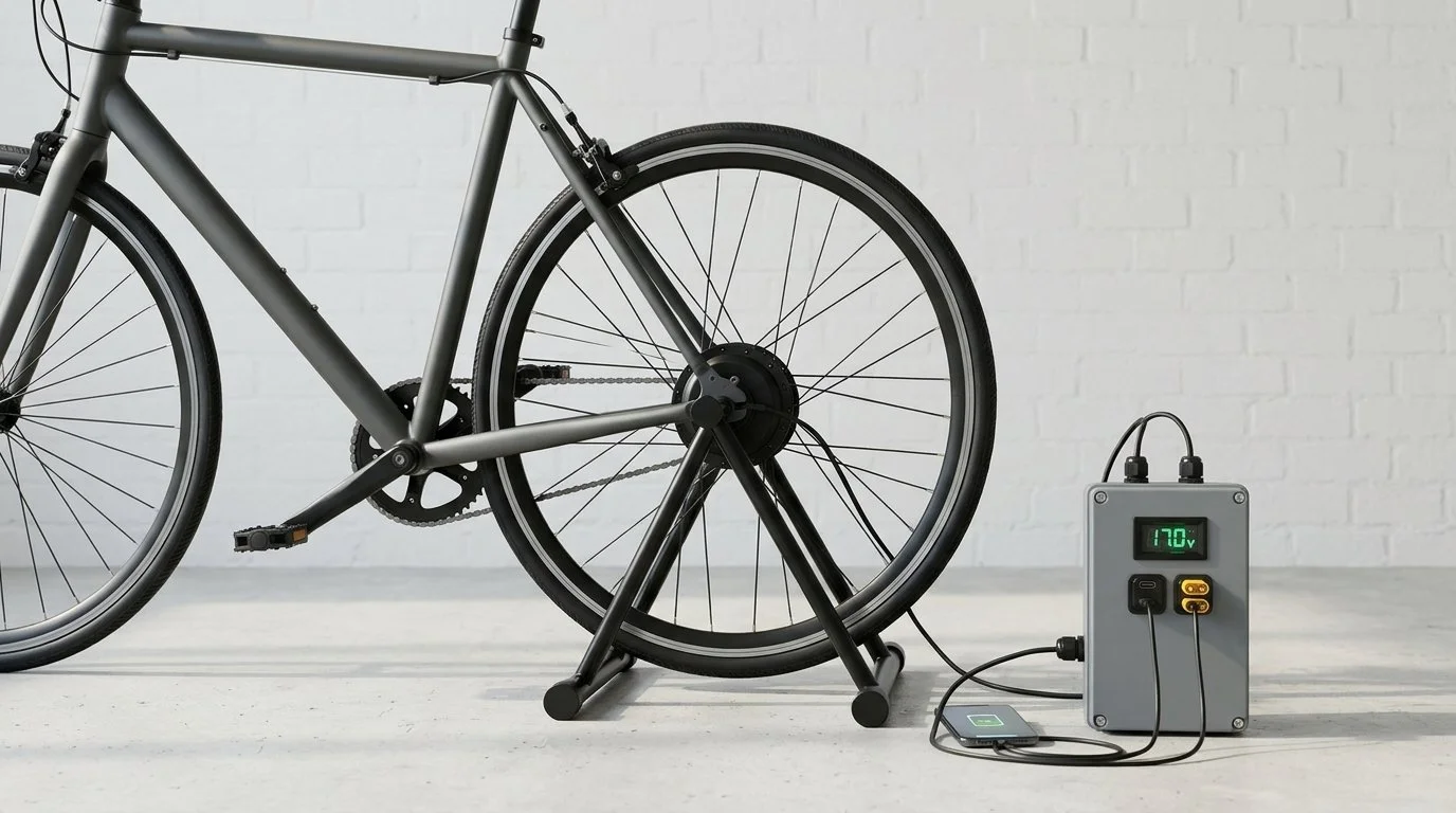 Emergency bike generator: bicycle on a stand with a hub motor, wired to an IP-rated power box charging a phone in a power cut