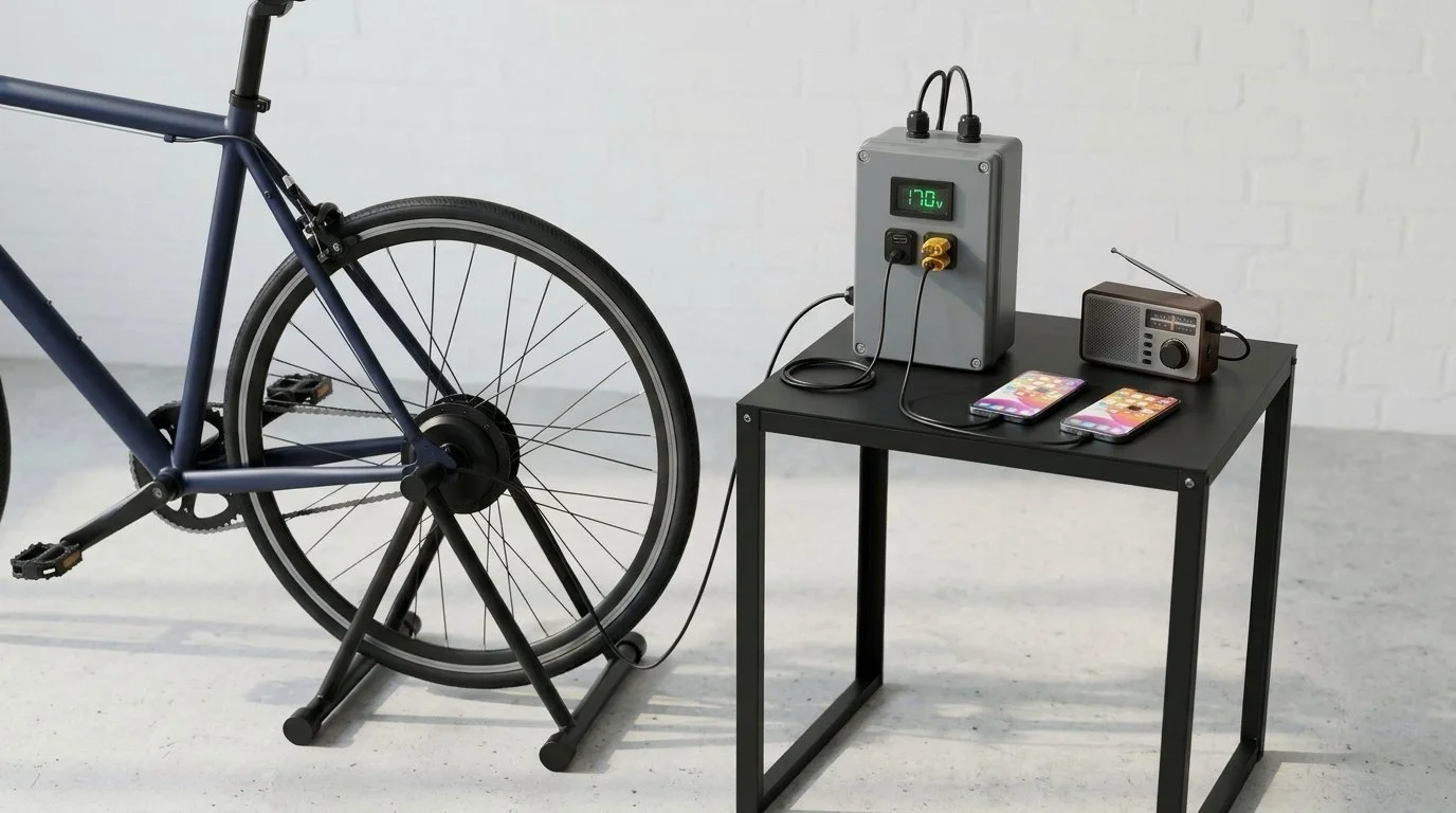 Pedal-powered home generator: bike on a stand powering a voltage-display output box, two phones and a radio on a side table