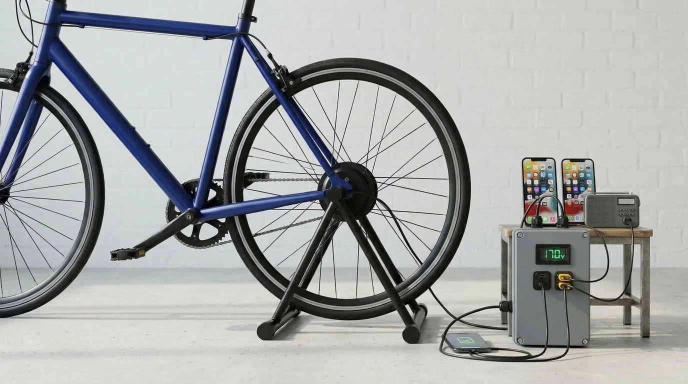 Bicycle generator for the home: blue bike on a hub motor stand charging phones and a radio through an IP-rated power box