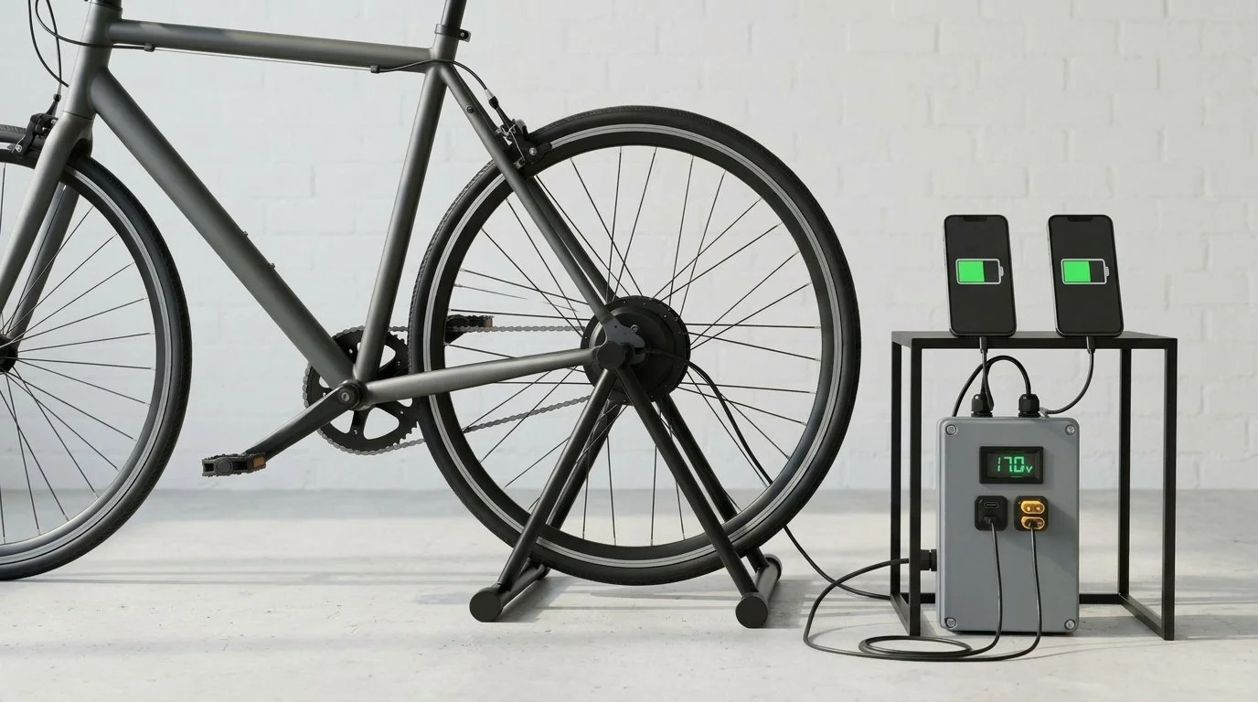 Pedal power for power cuts: bike generator with voltage display and USB-C and XT60 outputs, two phones fully charged