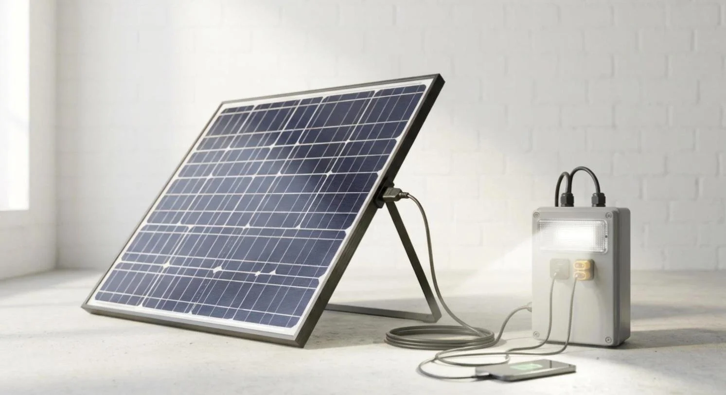 Emergency solar generator: rigid 100 W solar panel wired to an IP-rated power box with a built-in LED light, charging a phone in a power cut
