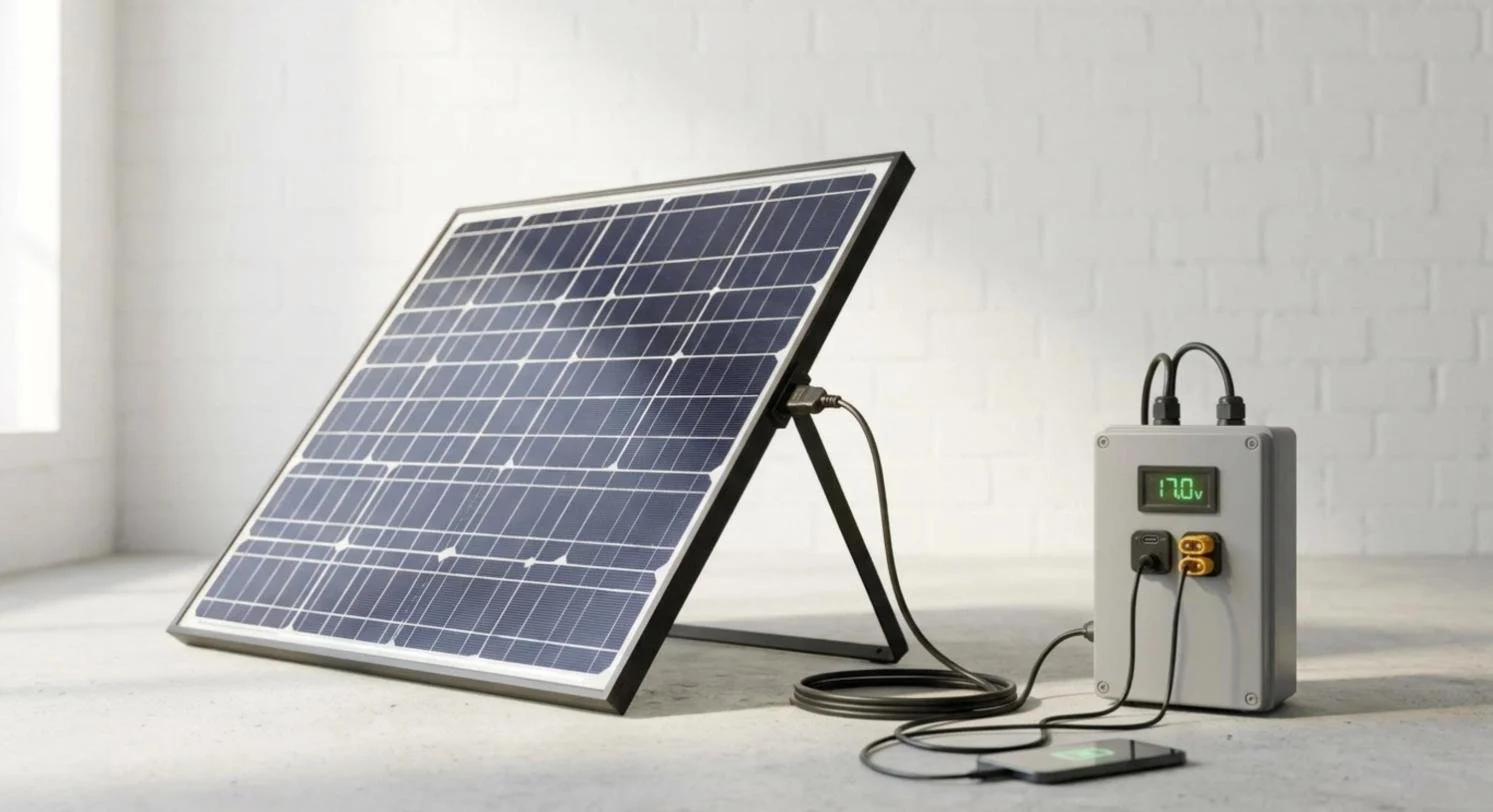 Home solar power station for power cuts: solar panel feeding a power box with a voltage display and USB-C and XT60 outputs, charging a phone