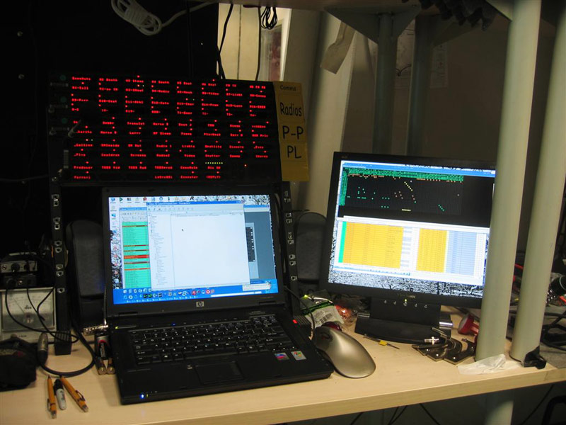 Pete Erskine's control desk-- a Riedel panel with extra expansion panels above the laptop and a second screen to watch the cross points.