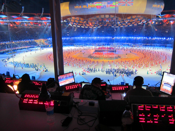 Opening ceremony booth. Note the Riedel panels. The center of the field was a stage.
