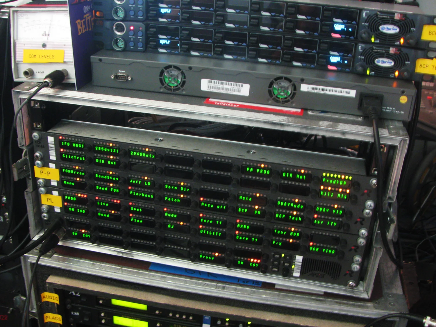 On top of Pete's Riedel panel there are 2 panels from ClearCom which connected his Artist system with the ClearCom Eclipse system in Vancouver. Each panel provided via IP connection one 4-wire path.