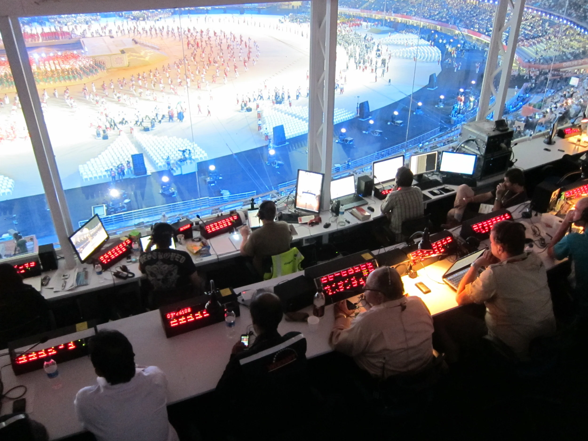 This is the control booth during one of the very few rehearsals we had. Larry Estrin is at his panel in the center rear row.
