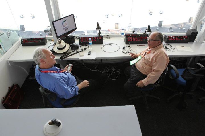 Ric Burch, Producer of Commonwealth Opening Ceremonies and Larry Estrin in the stage managers booth.